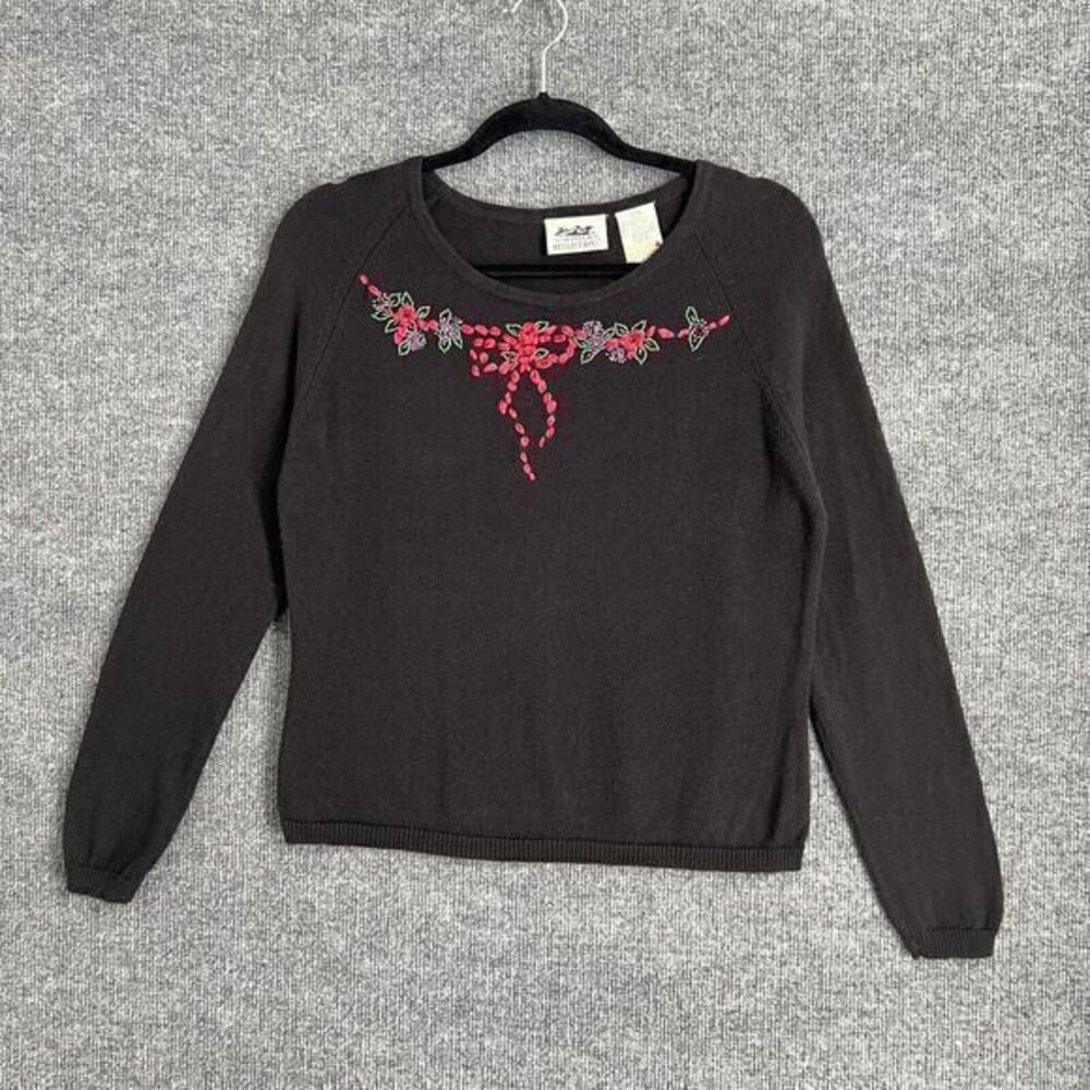 Vintage Northern Reflections Womens Sweater Size M Black Ribbon Embroidered
